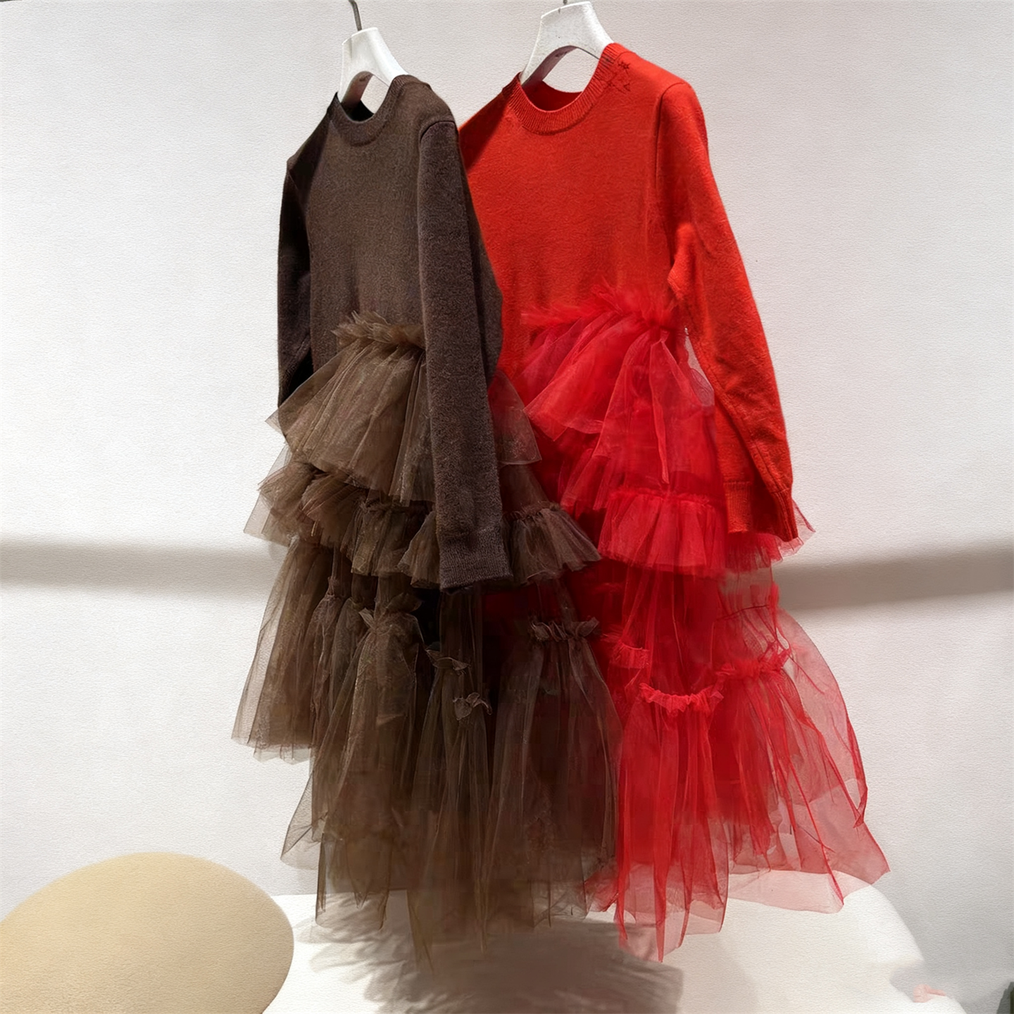 童装定制秋冬季新款女童洋气新年圆领针织拼接网纱舒适公主连衣裙