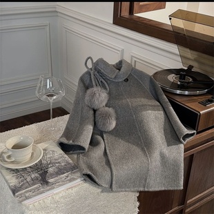 女童洋气球球毛呢大衣儿童公主风翻领双面绒外套 新款 韩系童装 春季