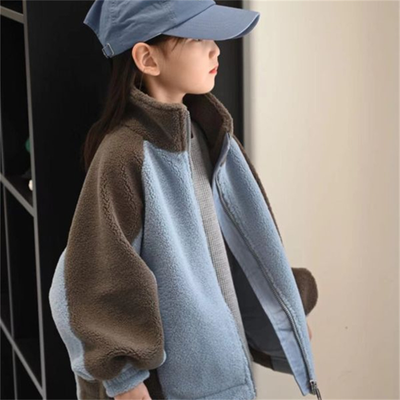 韩系童装秋冬季新款男女童时尚拼接撞色摇粒绒外套潮范休闲棒球服