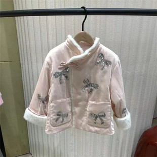 童装定制冬新款女童新中式洋气蝴蝶结丝绒棉衣保暖棉服外套拜年服