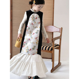 旗袍鱼尾半裙打底衫 韩系童装 国风无袖 女童新中式 小众套裙 秋冬新款