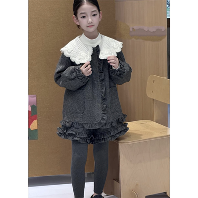 秋冬女木耳边蕾丝娃娃领夹棉外套