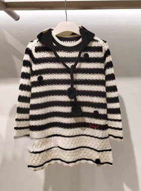 冬季女童条纹休闲带帽针织连衣裙