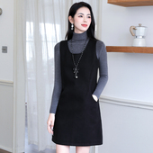 黑色圆领毛呢背心裙时尚 中裙2025秋冬新款 女士直筒复古高级感裙子