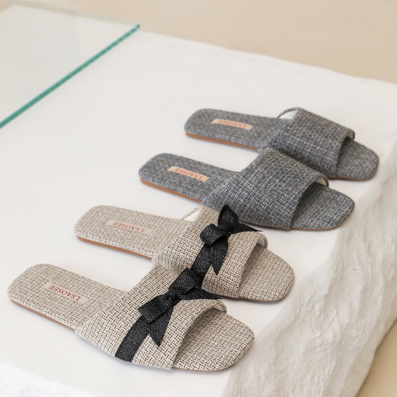 法式优雅轻奢时尚亚麻情侣拖鞋