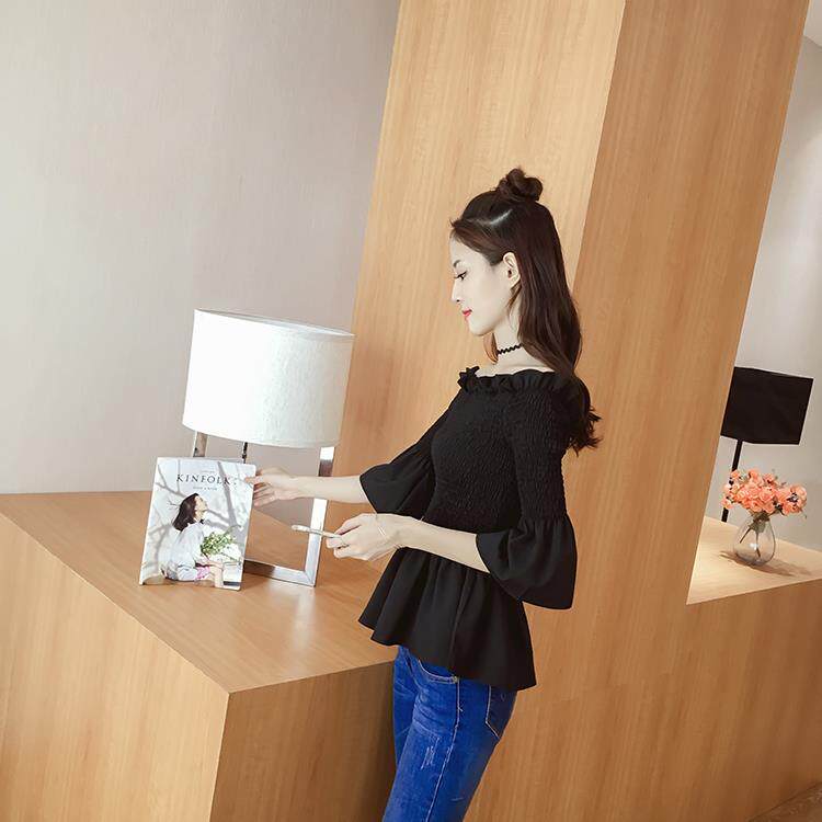 夏季新款韩版漏肩一字领t恤喇叭袖百搭打底衫女荷叶边修身显瘦