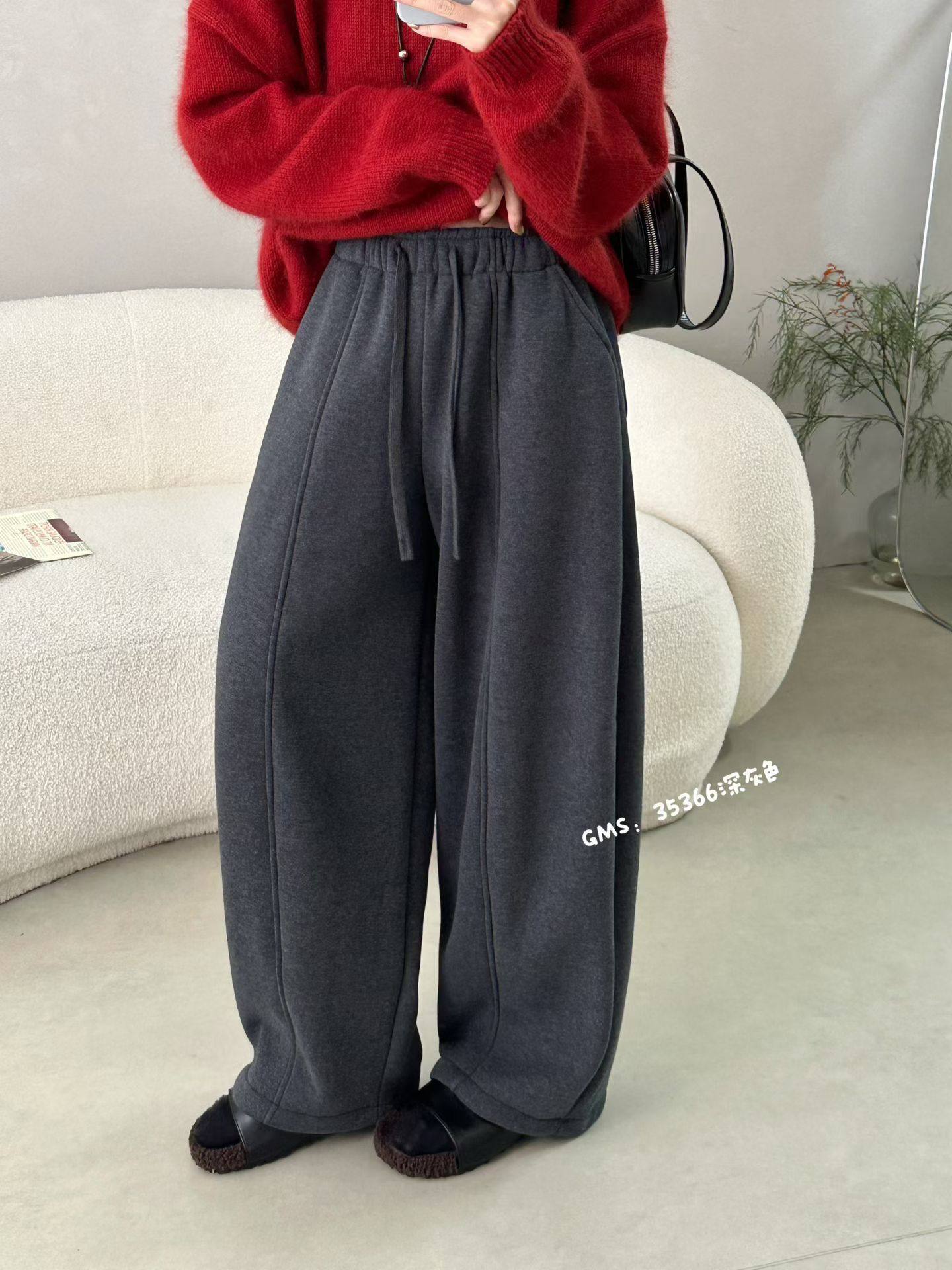 歌码索2025年新款加绒弯刀卫裤美式慵懒复古宽松直筒裤35366