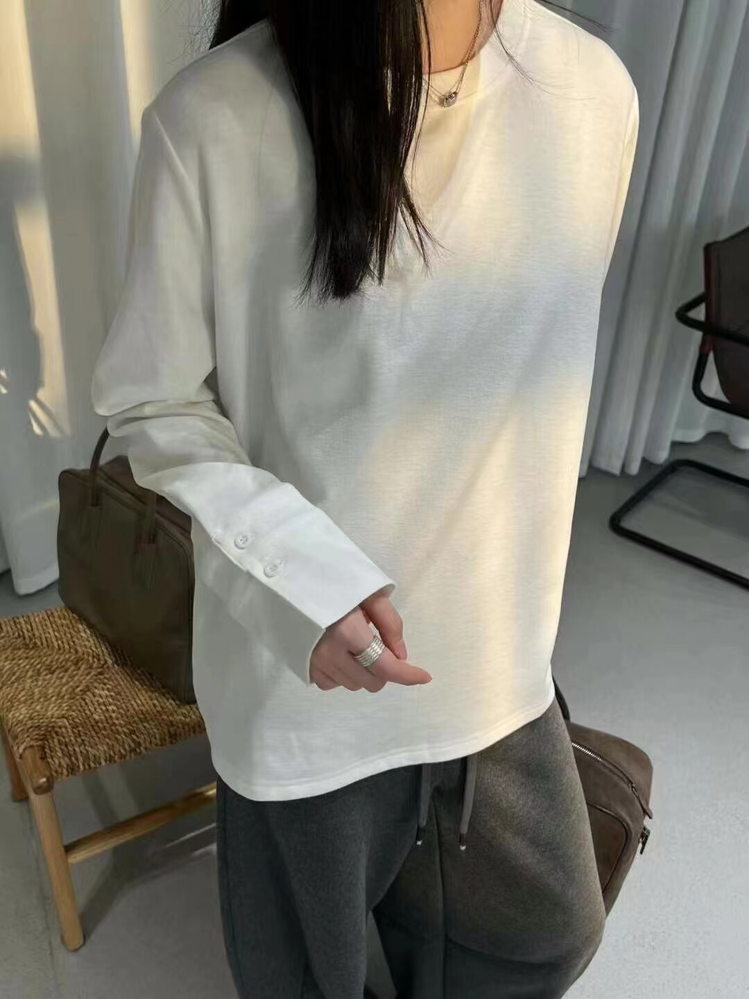 友安米白色内搭长袖打底衫女2024新款秋显瘦百搭t恤上衣白色不退