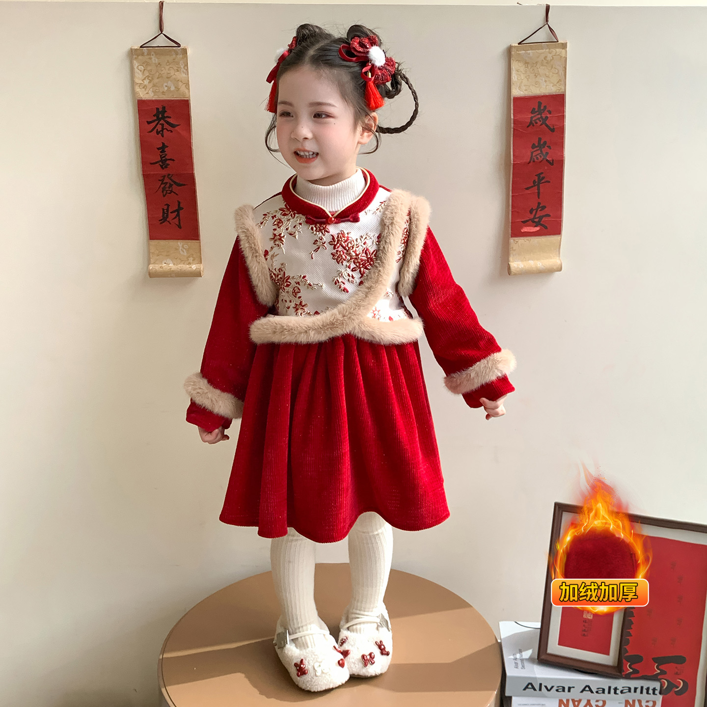 女童中国风旗袍连衣裙加绒加厚冬季新年拜年服红色喜庆年服公主裙