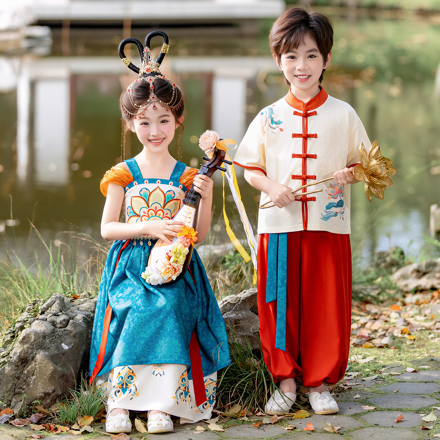 儿童唐装敦煌风演出服男女童六一表演服幼儿园夏季古典舞汉服套装