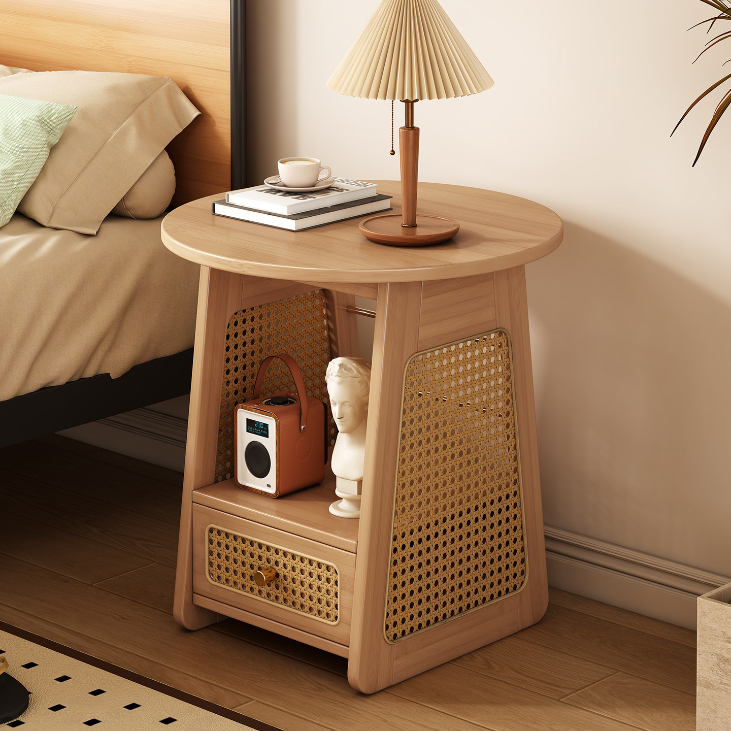 实木藤编床头柜家用卧室中古风小型床边柜胡桃收纳储物柜美学边几