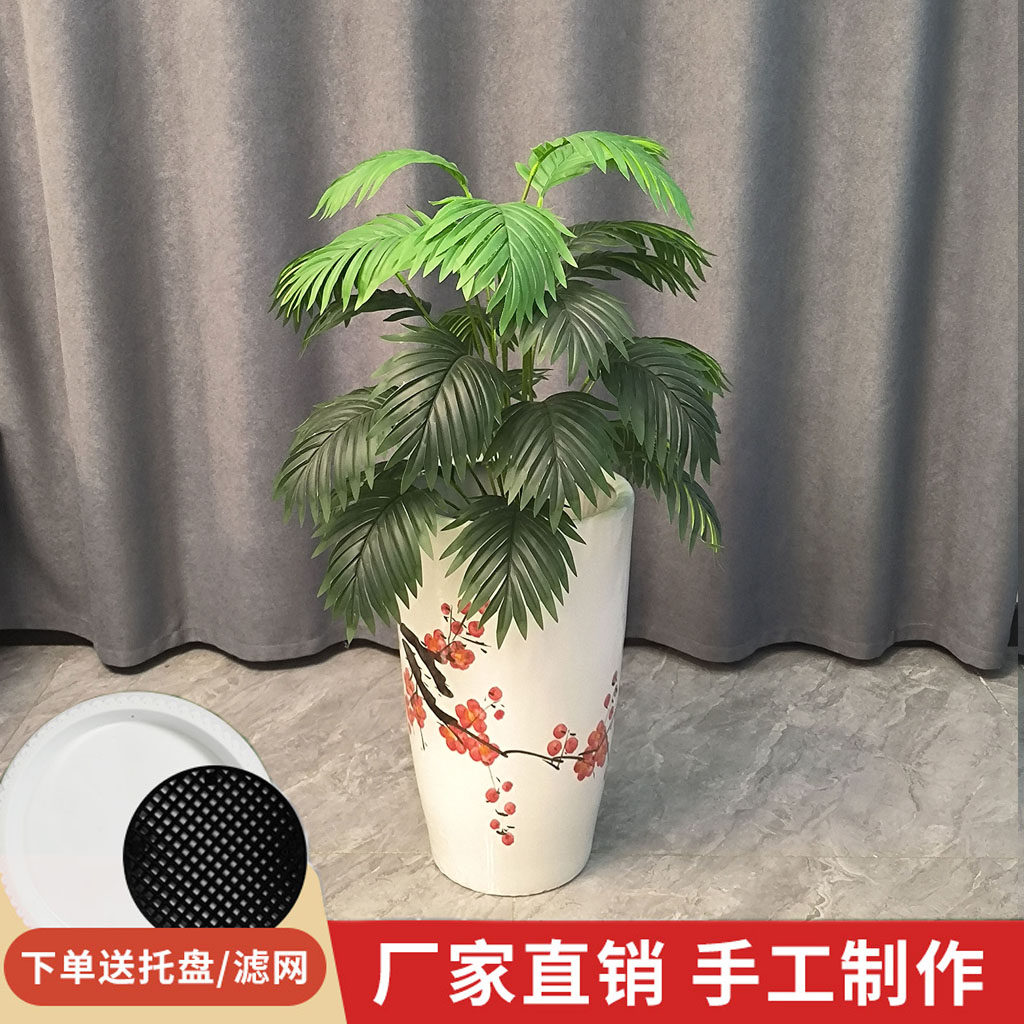 新款腊梅花纯手绘高档陶瓷花盆大口径高筒落地庭院炮筒陶瓷大花盆