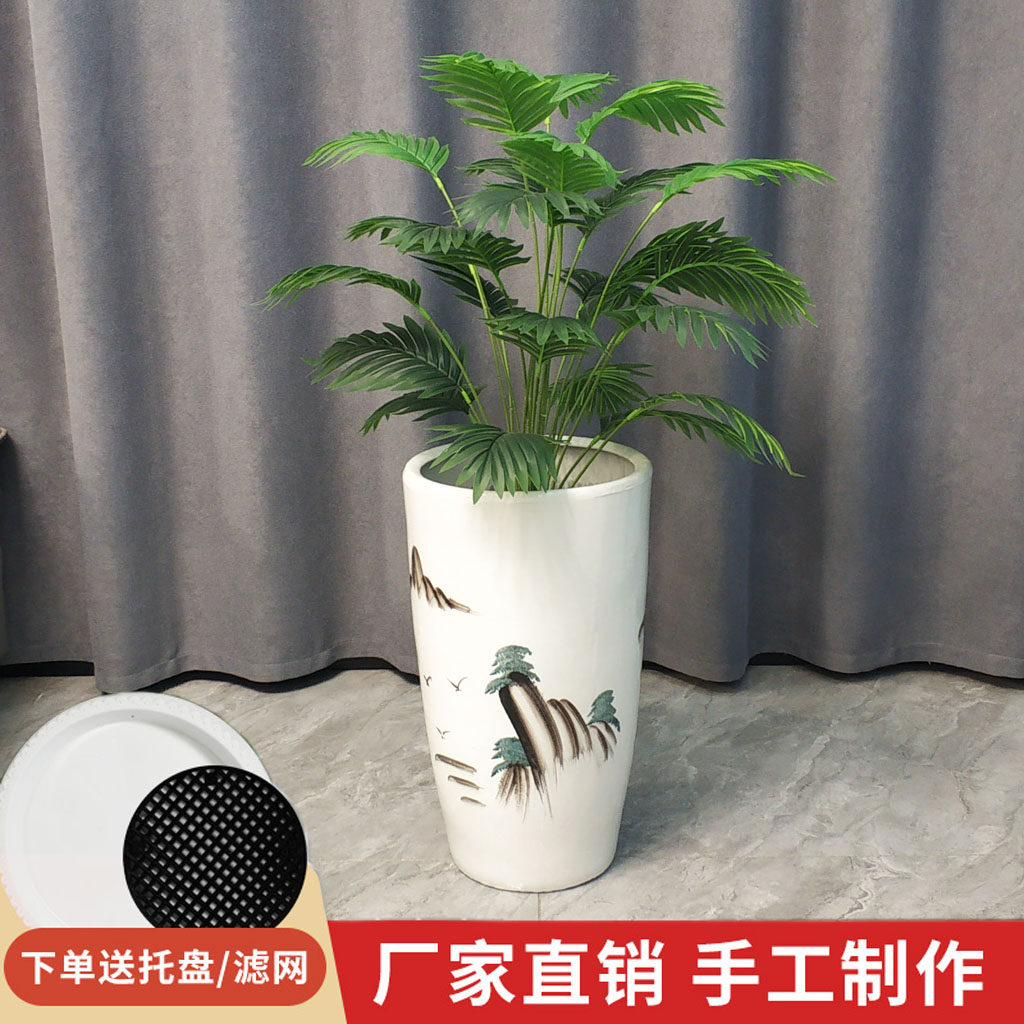 白色手绘炮筒特大花盆陶瓷室外简约高腰花盆高身耐用高颜值亮釉盆