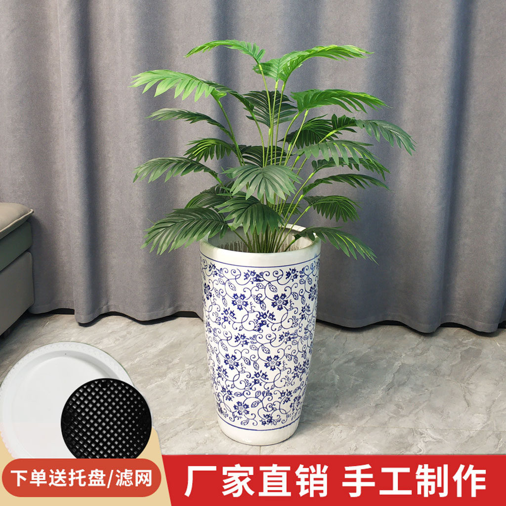 青花瓷炮筒特大花盆陶瓷室外简约高腰花盆高身耐用高颜值亮釉花盆