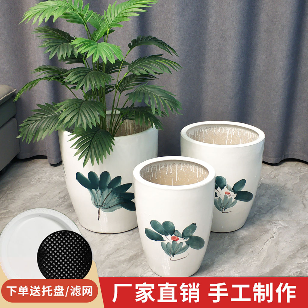 新款手绘荷叶荷花轻奢高颜值ins风白色特大号陶瓷花盆大口径花盆