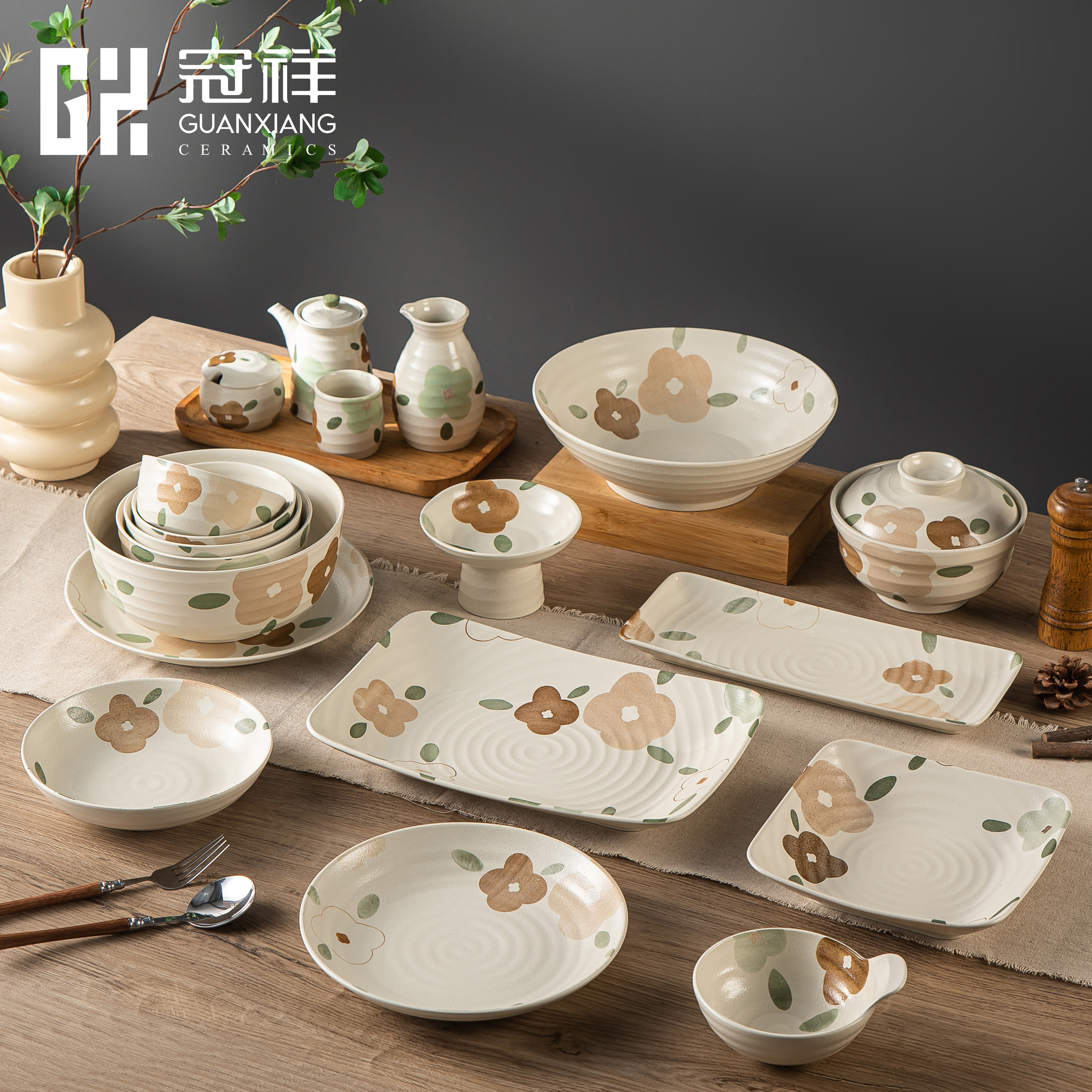 【冠祥正品授权】日式釉下彩田园风陶瓷碗盘套装家用餐具米饭面碗图片