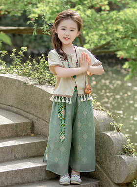 汉服女童2025新款夏季绿色古风服装国风儿童套装新中式古装两件套