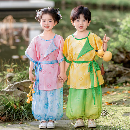 六一儿童唐制圆领袍唐装夏装男女童古装汉服幼儿园国学朗诵表演服
