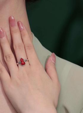 【网红推荐】小葫芦花纹银戒指饰品新款925纯银女南红玛瑙复古做