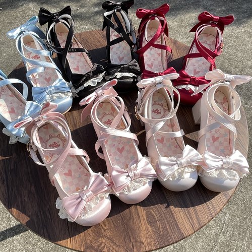 原创甜心卷卷芭蕾风绸缎中跟 lo 鞋优雅 cla 洛丽塔女鞋