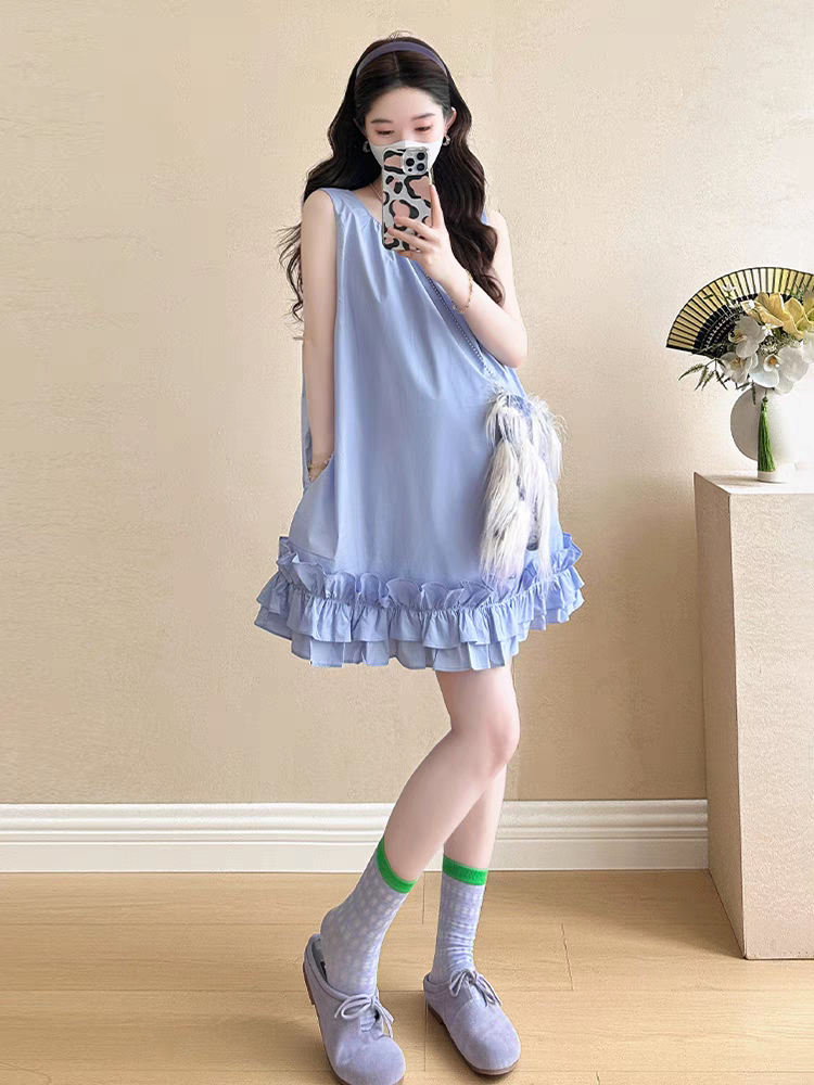 韩系甜美无袖背心连衣裙女夏季木耳边宽松短裙设计感百搭a字裙子