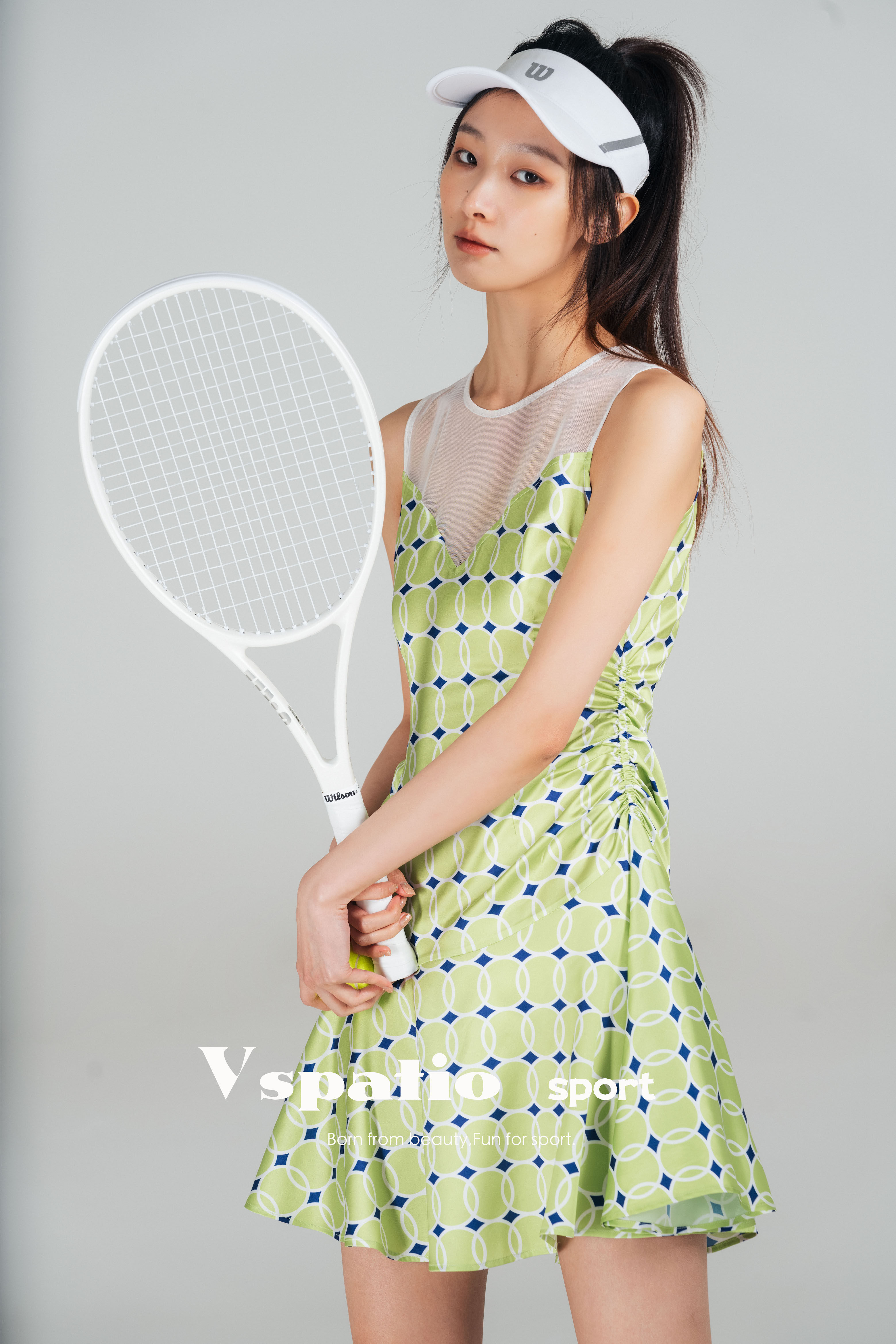 vspatio sport-网球印花收腰抽褶灵动裙摆连身网球裙