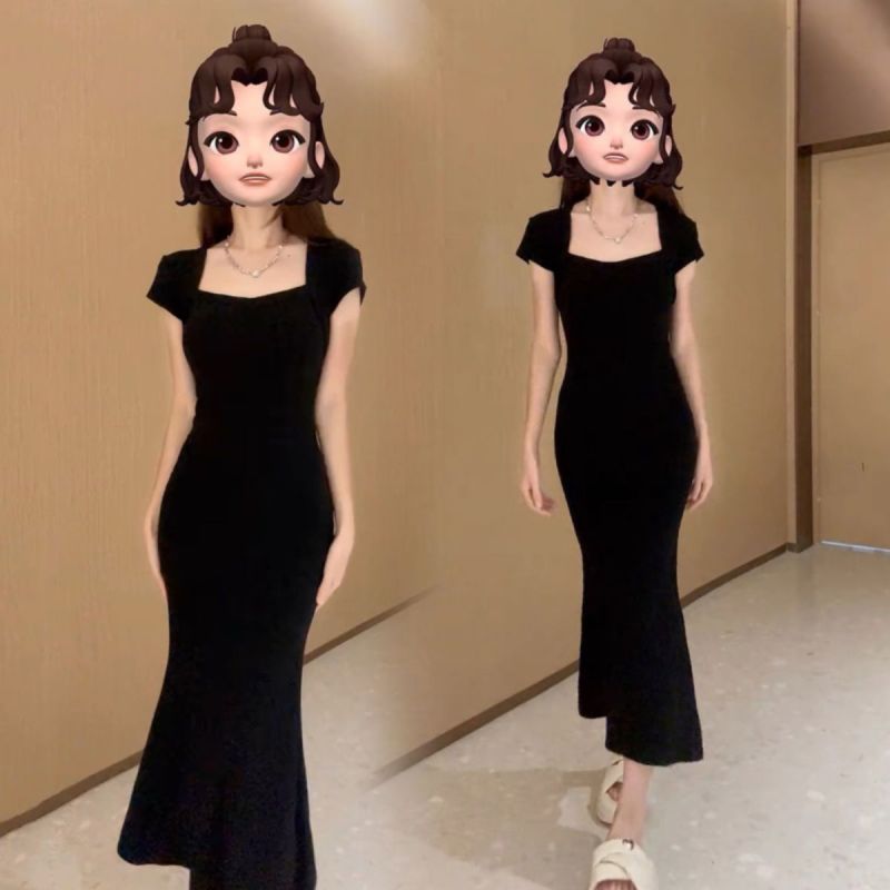 法式高级感方领连衣裙女2025新款小个子收腰气质鱼尾长裙夏季裙子