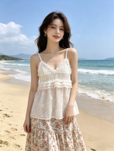 纯欲风重工蕾丝花边吊带背心女夏季外穿雪纺刺绣短款无袖上衣