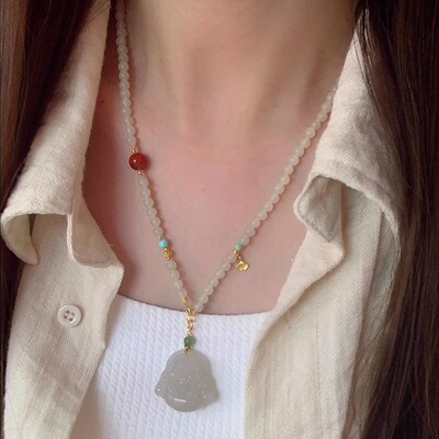 天然和田玉项链女南红绿松石串珠新中式毛衣链白玉挂链多用挂绳