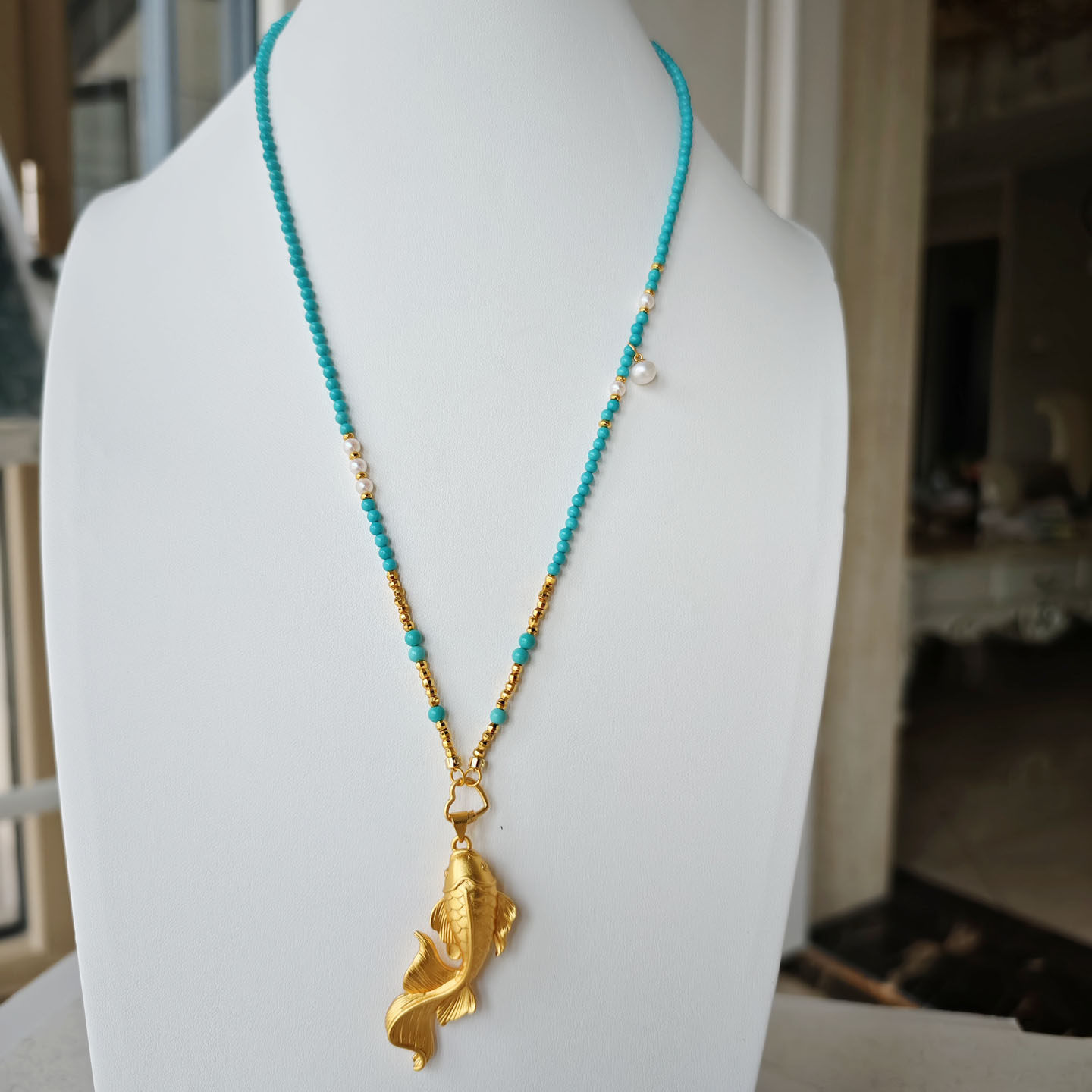 绿松石项链金鱼吊坠莲花扣头可拆卸万能链天然淡水珍珠串珠毛衣链