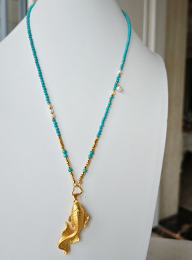 绿松石项链金鱼吊坠可拆卸万能链天然淡水珍珠串珠毛衣链多用挂绳