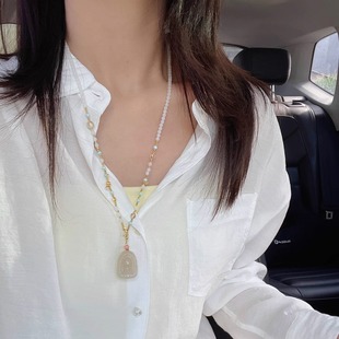 天然白玉项链女绿松石白水晶串珠国风毛衣链可拆卸万能扣多用挂绳