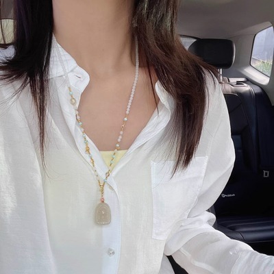 天然白玉项链女绿松石白水晶串珠国风毛衣链可拆卸万能扣多用挂绳