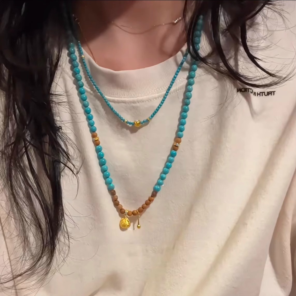 绿松石长款毛衣链女老山檀串珠双层叠戴可拆卸单戴项链背背链