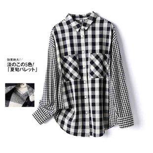 外贸出口原单日单黑米格拼接精梳纯棉宽松休闲长袖尖领衬衫女