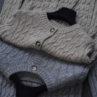 法柜篙阶细闪重工拼纱亮片麻花!修身显瘦圆领羊毛针织开衫毛衣女