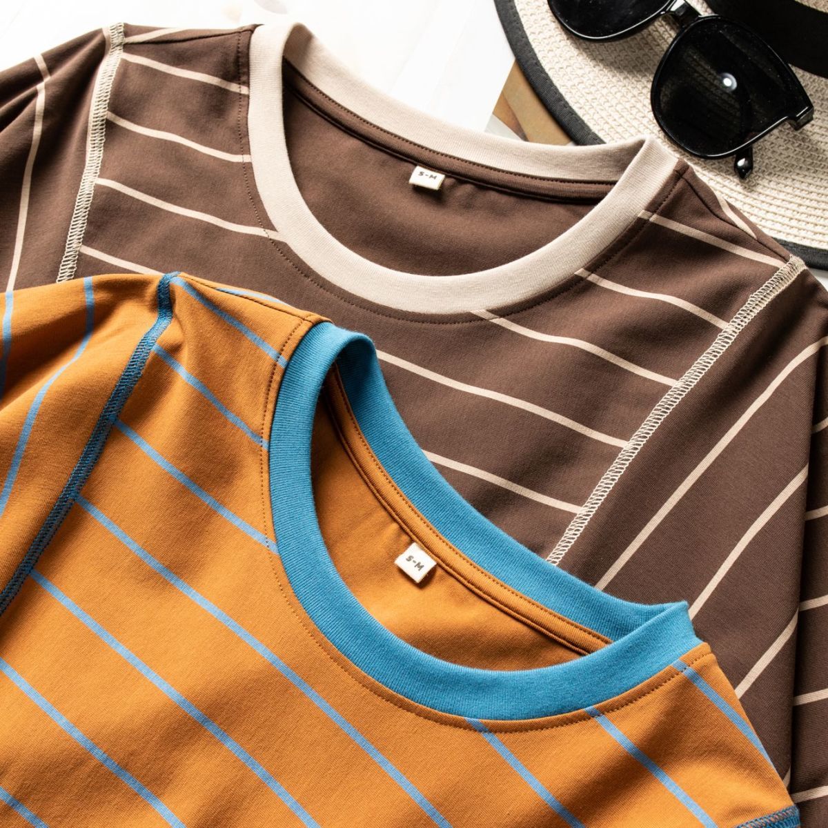 韩版小众设计感拼接撞色蝙蝠短袖宽松休闲棉弹圆领条纹T恤上衣女