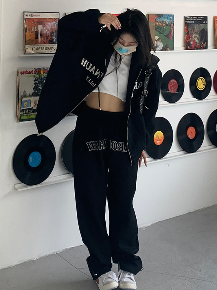 애슬레저웨어 스웨트 셔츠 정장 여성 패션 봄 가을 한국 스타일 루즈하고 슬림한 학생 카디건 재킷 투피스 트렌디 세트