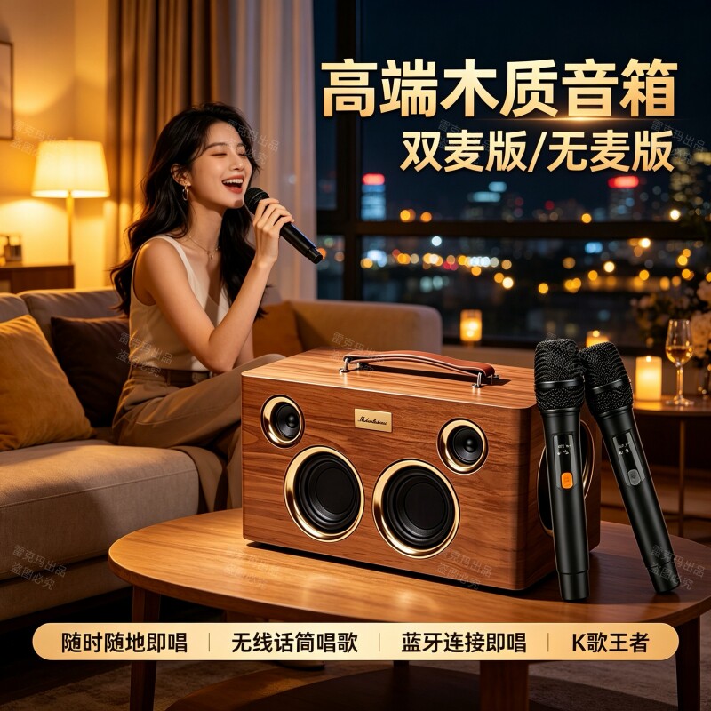 玫瑰旋律蓝牙音箱K歌木质音响无线话筒家庭ktv180W大功率重低音炮