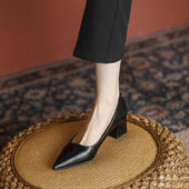 2025新款 黑色职业工作单鞋 空乘公务员正装 羊皮粗跟面试女鞋 高跟鞋