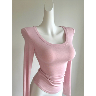 弹力长袖 升级版 圆领露锁骨显瘦修身 秋冬bi入基础打底衫 上衣T恤 本