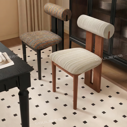 法式复古奶油风实木布艺餐椅