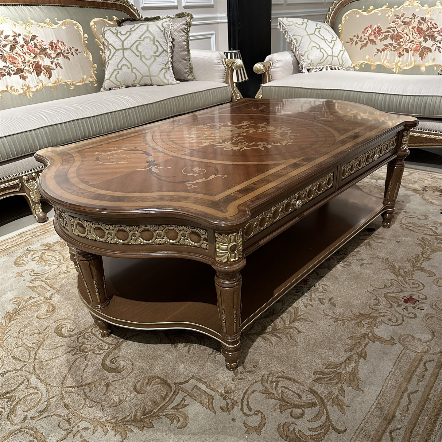 欧式实木雕花茶几椭圆形储物客厅家具温莎堡大茶几长方形咖啡桌