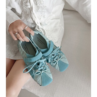 3.5cm内增高小众撞色绑带单鞋女复古方头休闲鞋拼接设计感平底鞋