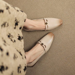 3.5cm法式小单鞋女中跟粗跟真皮软皮玛丽珍女鞋软底不累脚小皮鞋