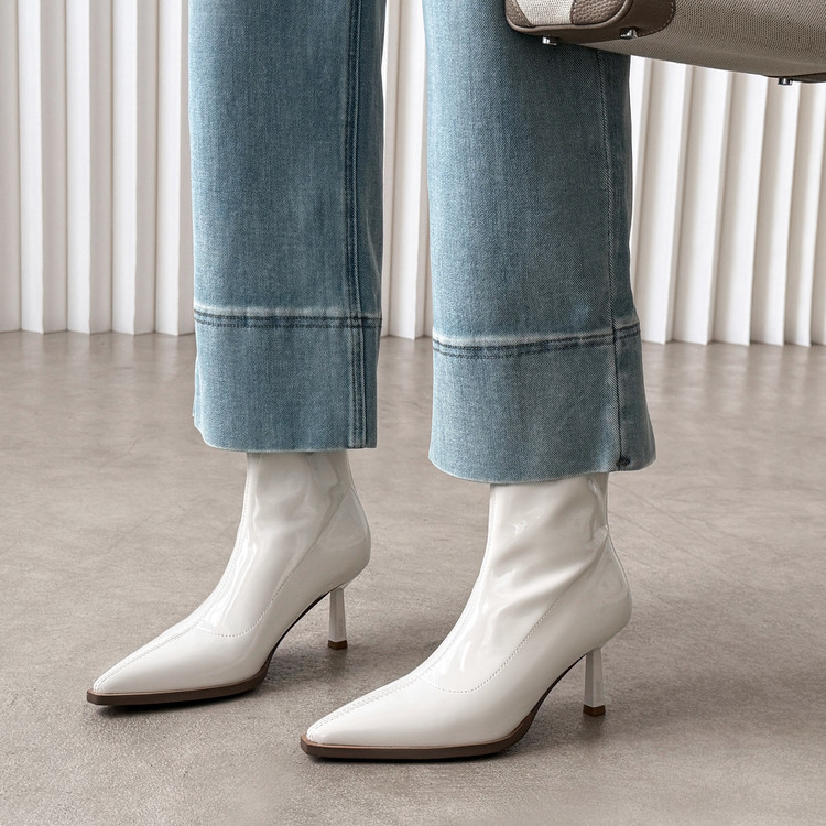 法式尖头短靴皮靴细高跟时髦漆皮