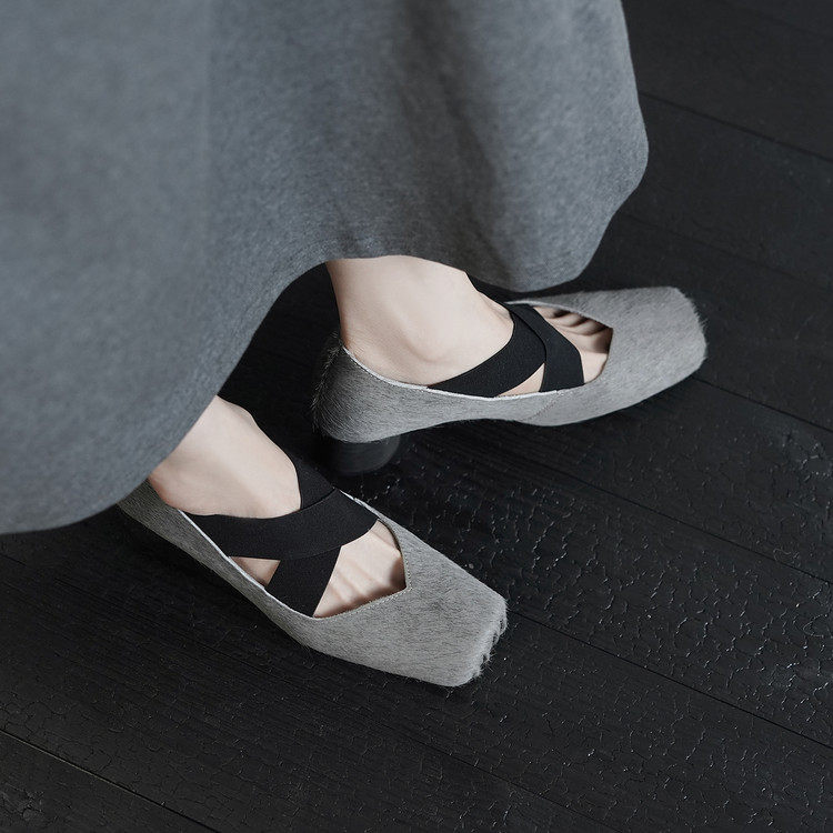 5cm法式复古猪鼻子交叉带芭蕾风粗跟玛丽珍鞋轻奢马毛高跟单鞋女