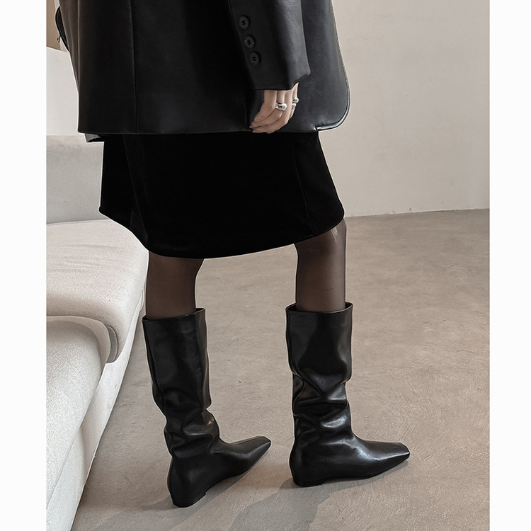 4cm复古新款内增高骑士靴方头坡跟及膝堆堆靴百搭高筒长靴女