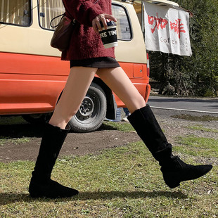 2.5cmv口显瘦小个子堆堆骑士靴宽筒修饰腿型高筒靴子长筒靴女秋冬