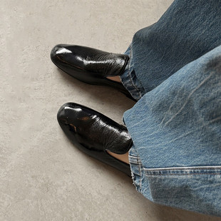 1cm真皮法式复古通勤气质百搭圆头一脚蹬乐福鞋米白色平底单鞋女